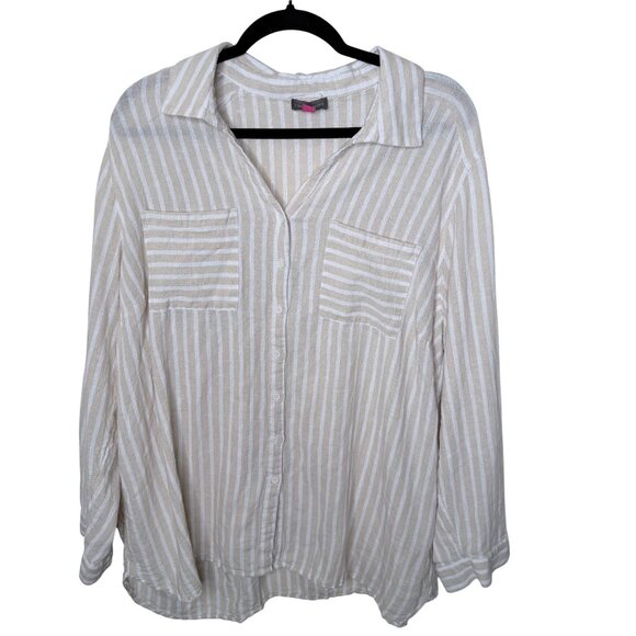 Vince Camuto Button-Down Linen Blend Tunic Top Womens 2X Beige & White Striped C - Picture 1 of 7